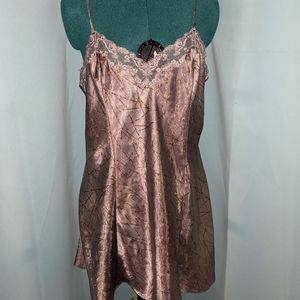 Vtg 90s Romantic Satin Slip W/ Lace Trim & Cherry Blossom Purple Silver Sz M
